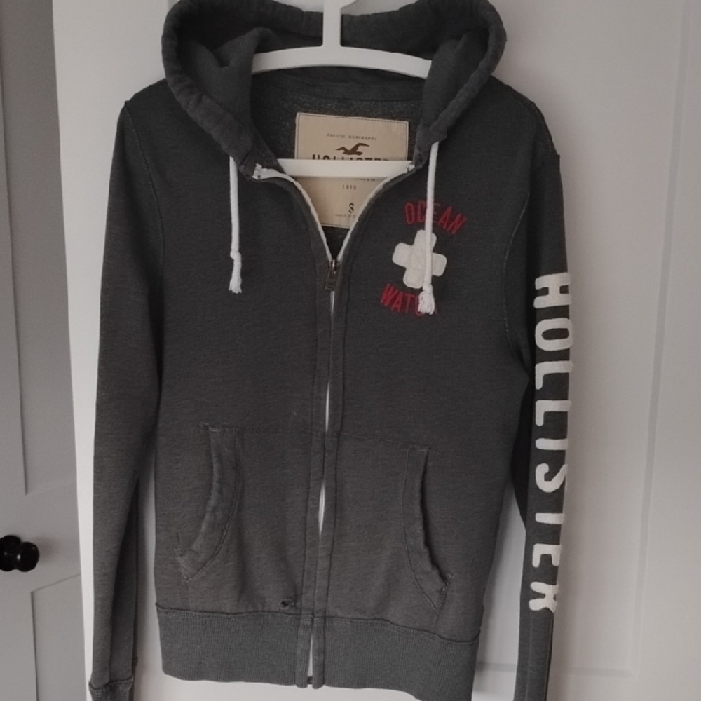 Hollister Dark Gray Zip-Up Embroidered Hoodie with White and Red Details